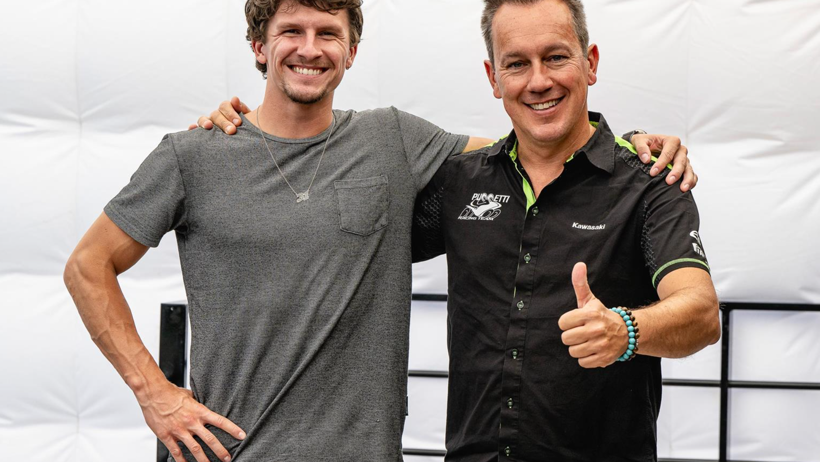 Garrett Gerloff with Manuel Puccetti on the announcement that Gerloff will ride an official Kawasaki for the Italian's team in 2025.